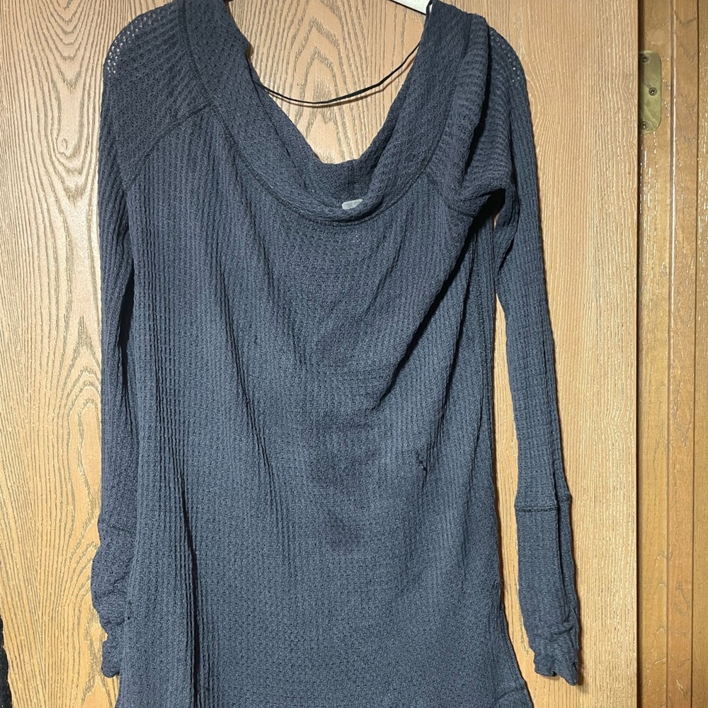 Free People Kate Thermal Long Sleeve Dark Navy Blue Waffle Knit
